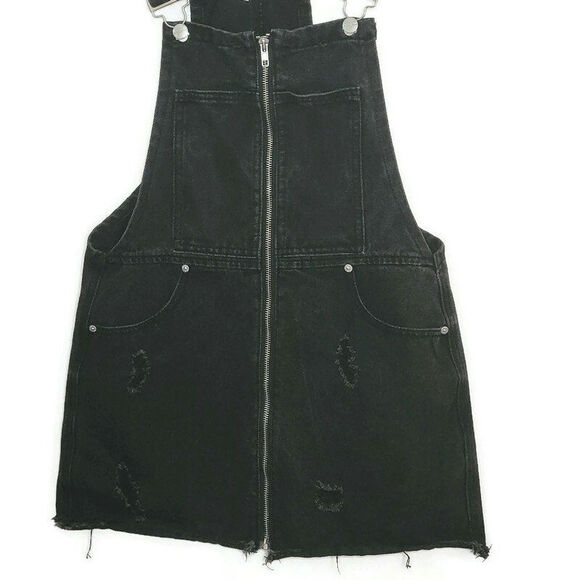 Superdown Revolve Black Denim Ripped Distressed Overall Mini Dress Zip Front S - Picture 6 of 15
